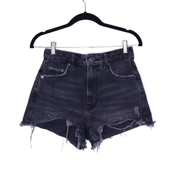 ZARA High Rise Cut Off Shorts Black Stone Washed Distressed Denim Women's 2 - Picture 1 of 9